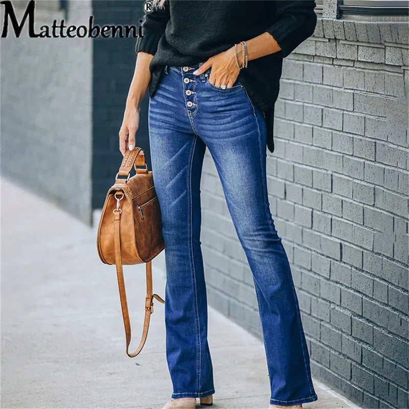 2023 Women'S Flare Jeans Button Fly Fashion Vintage Stretch Casual Woman Denim Pants Femme High Waist Full Length Slim Jeans