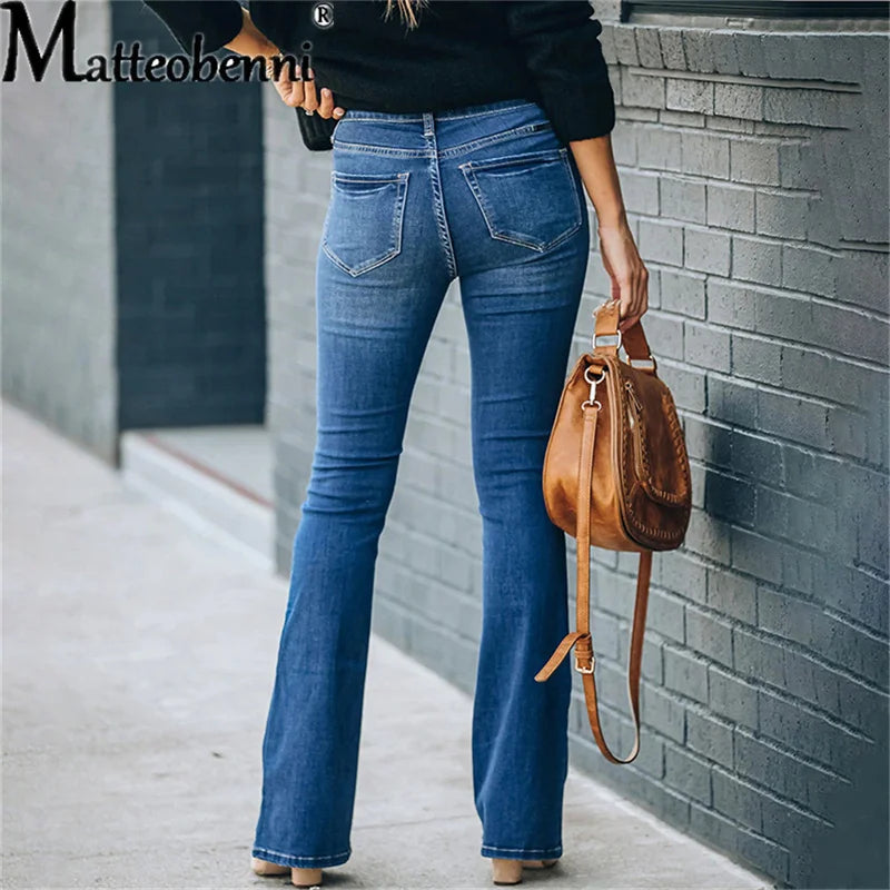 2023 Women'S Flare Jeans Button Fly Fashion Vintage Stretch Casual Woman Denim Pants Femme High Waist Full Length Slim Jeans
