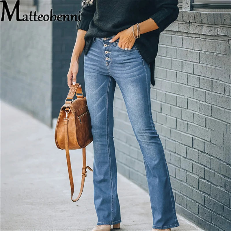 2023 Women'S Flare Jeans Button Fly Fashion Vintage Stretch Casual Woman Denim Pants Femme High Waist Full Length Slim Jeans