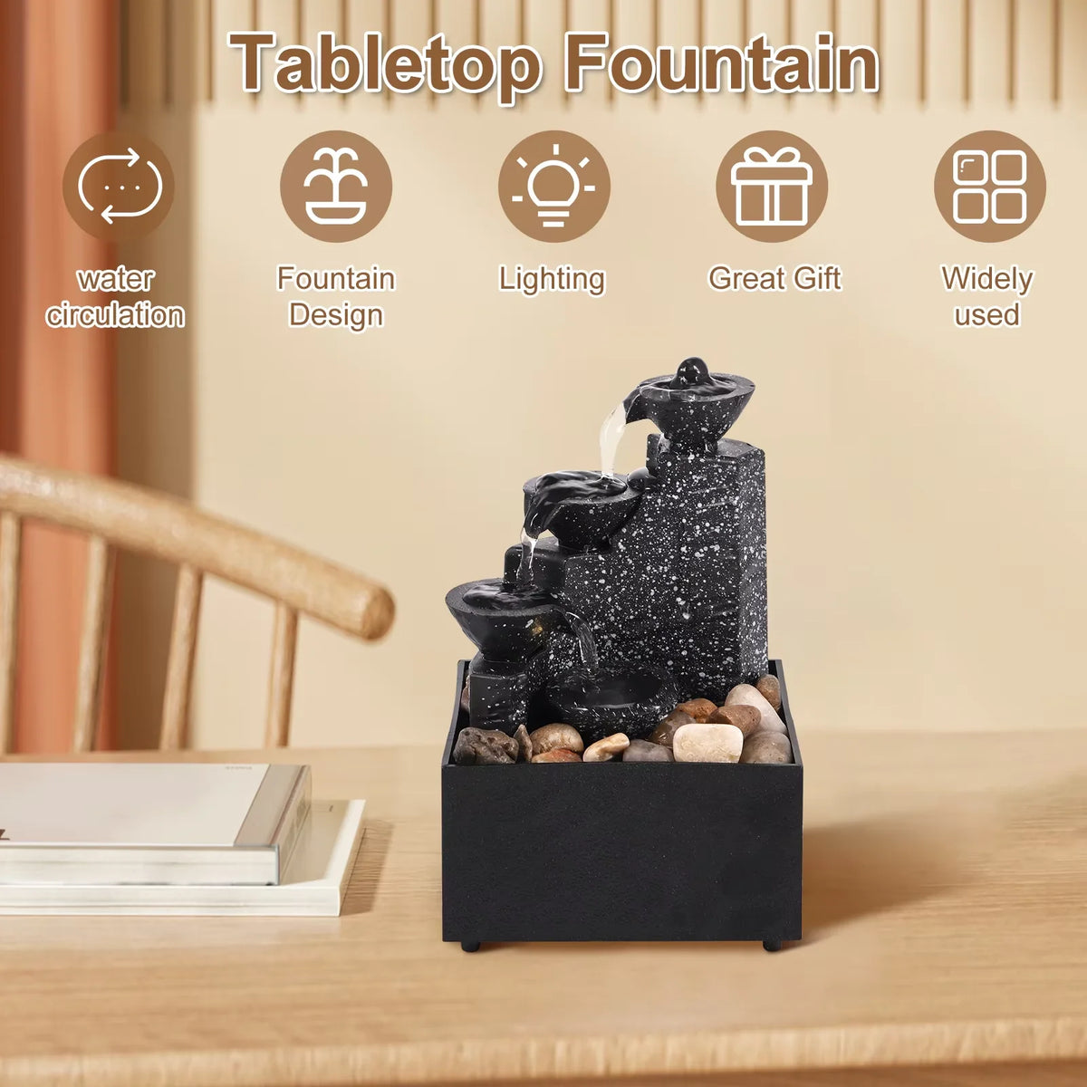 Tabletop Fountain Water Circulating LED Decor Flowing Water Ornaments Meditation Desktop Waterfall Home Office Decoration