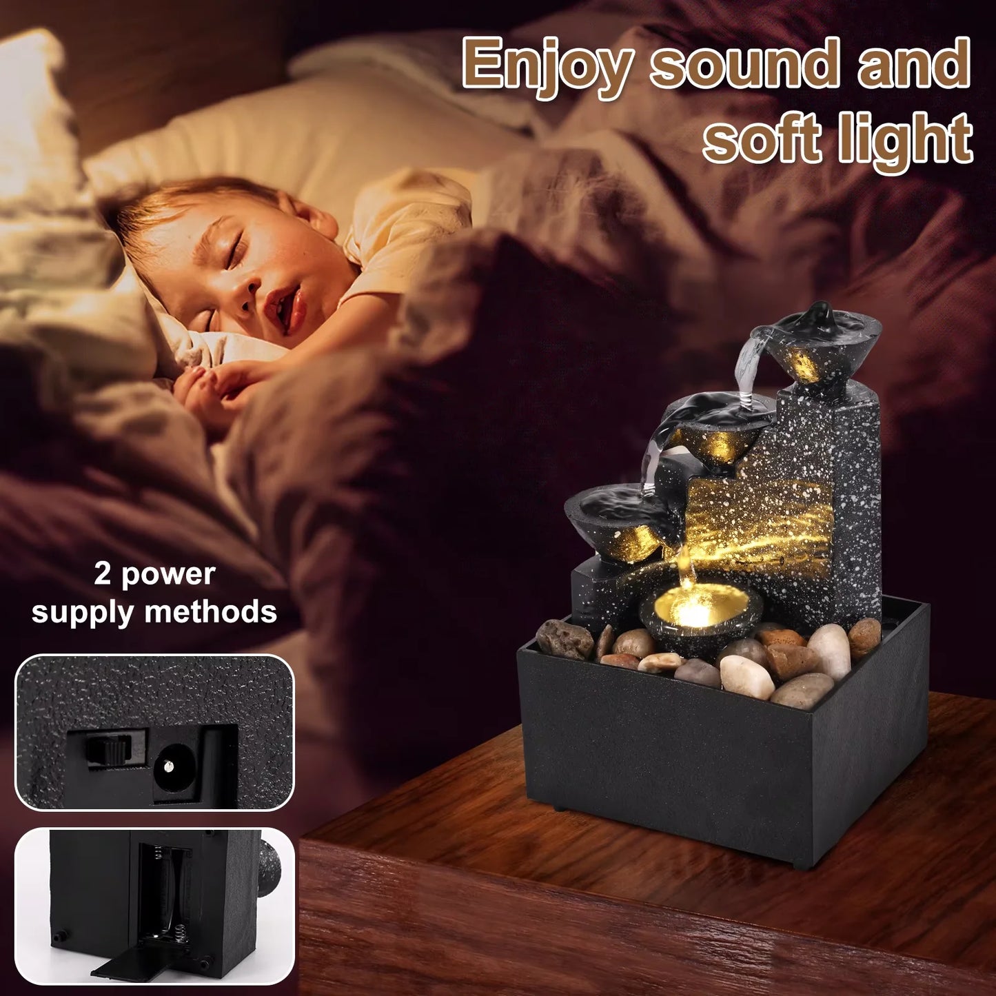Tabletop Fountain Water Circulating LED Decor Flowing Water Ornaments Meditation Desktop Waterfall Home Office Decoration