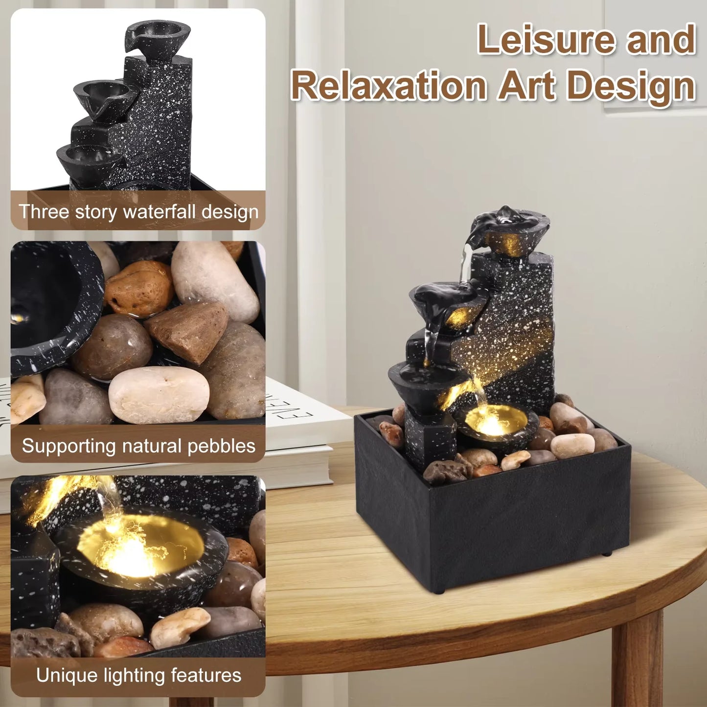 Tabletop Fountain Water Circulating LED Decor Flowing Water Ornaments Meditation Desktop Waterfall Home Office Decoration