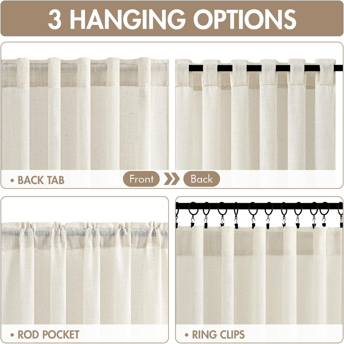 Natural Back Tab Linen Curtains 4 Panels 42W X 63L