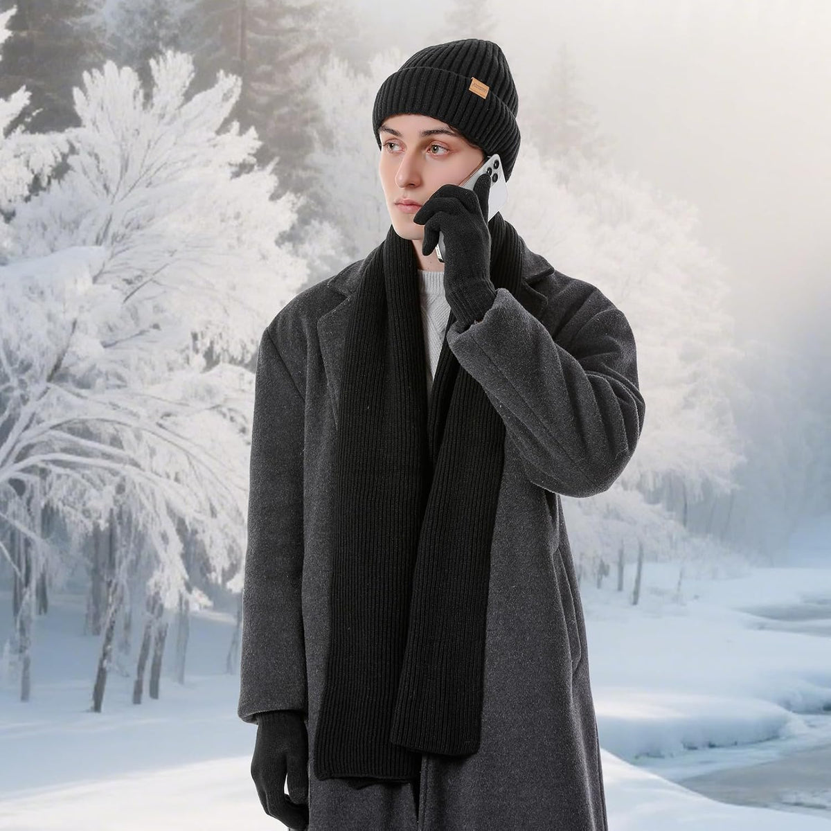 Winter Beanie Hats Long Neck Scarf for Men and Touchscreen Gloves 3PCS Set