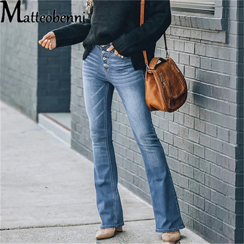 2023 Women'S Flare Jeans Button Fly Fashion Vintage Stretch Casual Woman Denim Pants Femme High Waist Full Length Slim Jeans
